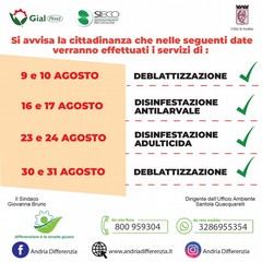 locandina calendario degli interventi di derattizzazione deblattizzazione trattamenti antilarvali e disinfestazioni sul territorio di Andria