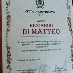 Riconoscimento al Cavaliere Riccardo Di Matteo dal consiglio comunale di Giovinazzo