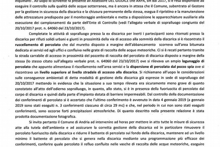 stralcio della relazione dell'Arpa Puglia