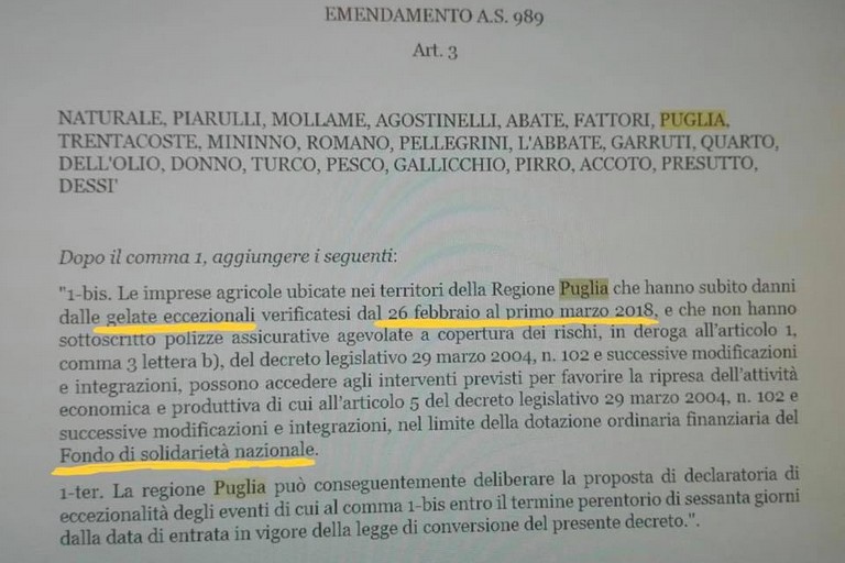 l'emendamento sui danni da gelate in agricoltura