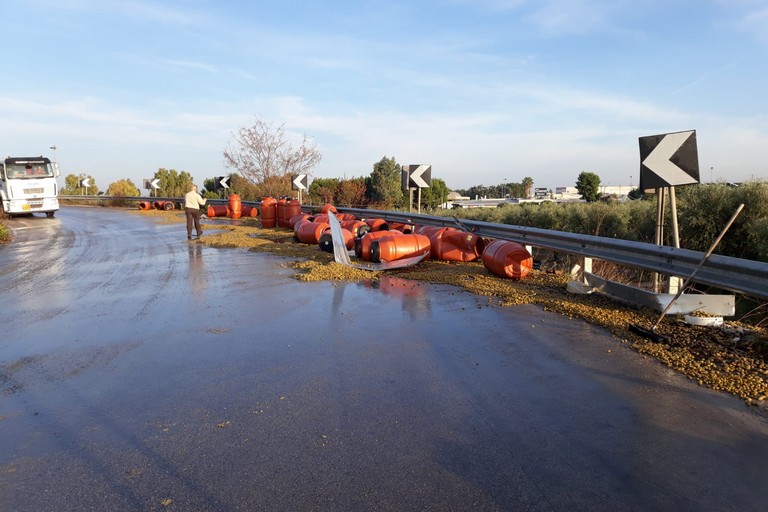 Tir perde parte del carico: olive in salamoia invadono la carreggiata