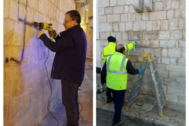 rimossa la svastica dal muro del campanile della chiesa Cattedrale